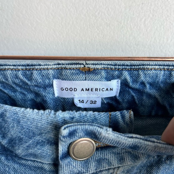 Good American Straight Jeans Women Size 14 Blue Distressed Cropped High Rise NWT - Picture 7 of 9